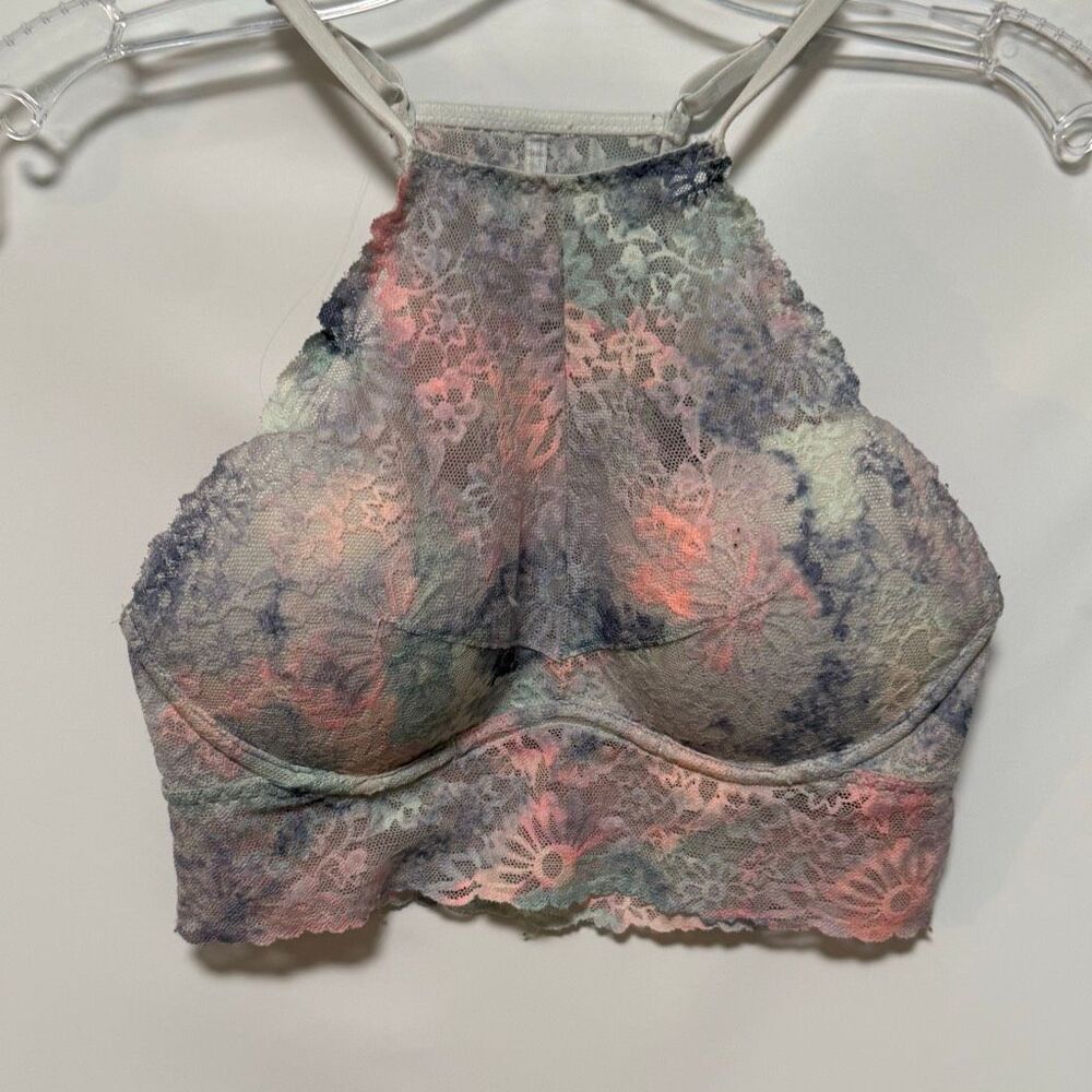 C31 pink Victoria’s Secret lace halter padded bralette tie dye Bra size extra sm